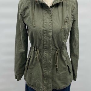 Ambiance Women's Army Green Hooded Military Cargo Utility Jacket Size Small. EUC